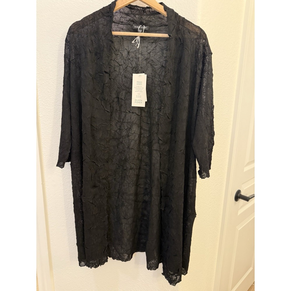 NWT Eileen Fisher Black Crinkle Sheer Long Cardigan Open Front, Size M